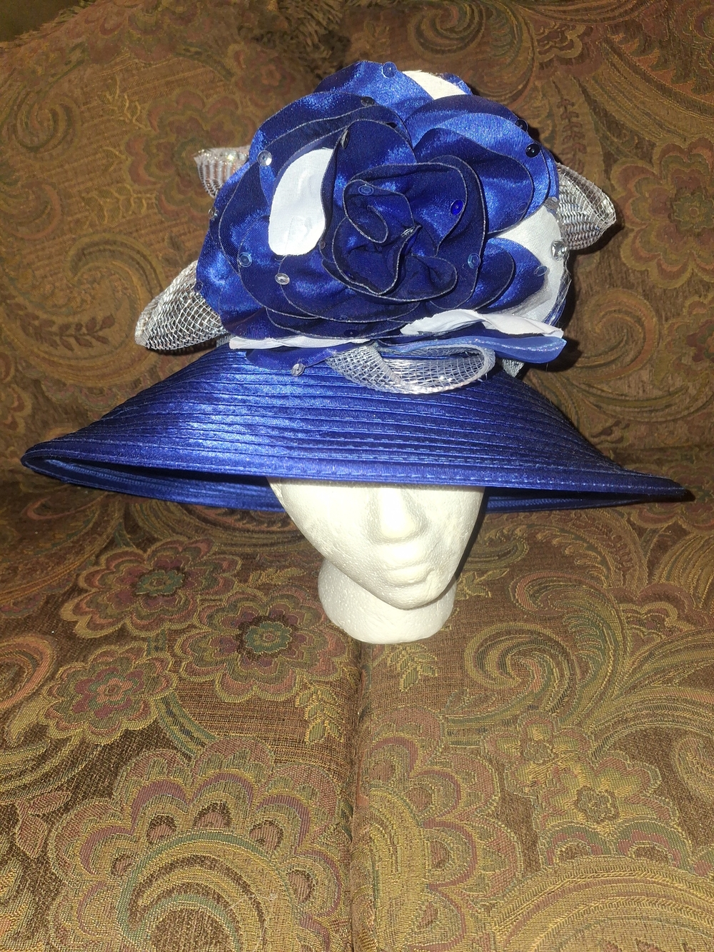 ASHRO Elegant Royal Blue Women's Dress Hat with Floral Trim